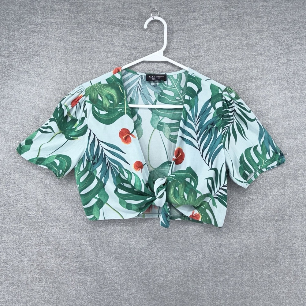 Zara Accessories Cropped Top Women Size Small Tropical Green Tie Front